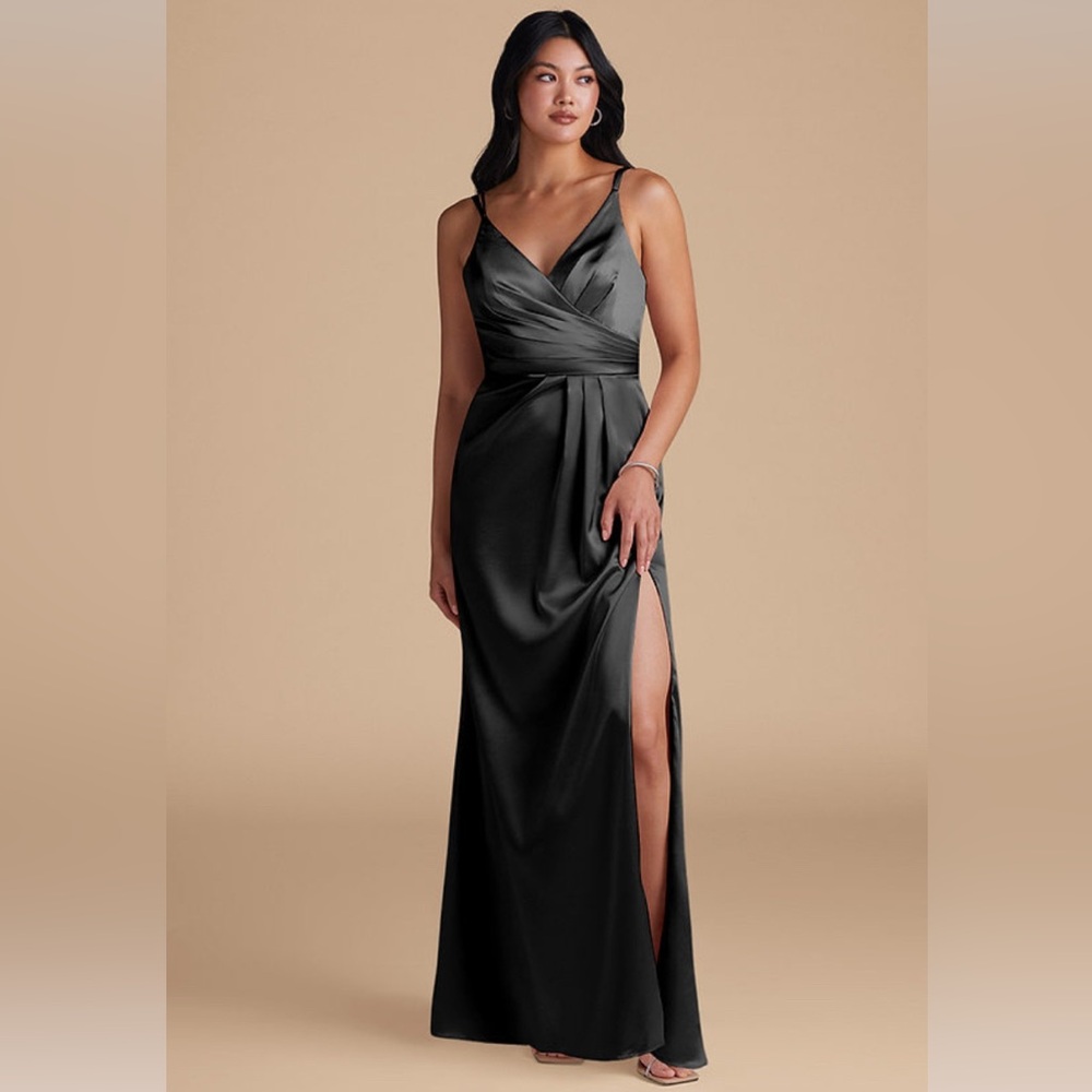 Black Metallic Satin Azazie Aqua Style Bridesmaid Maxi Dress With Slit
